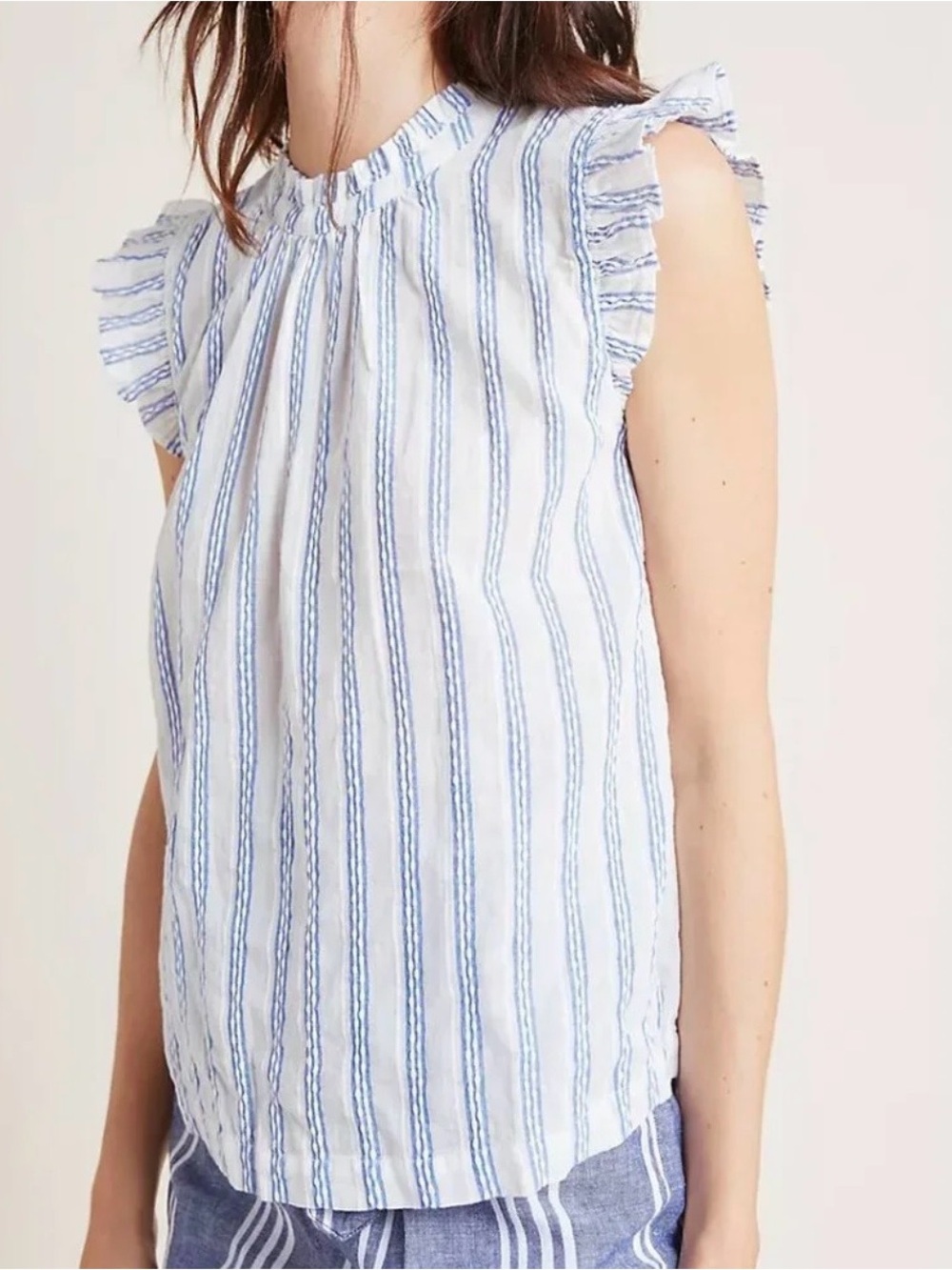 NWOT Anthropologie Isabella Sidair Blue and White Striped Ruffle Sleeve Blouse